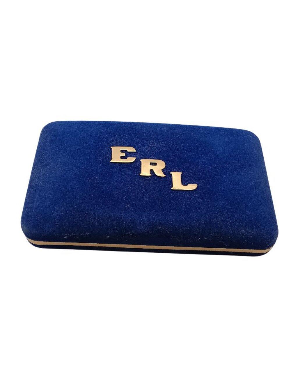 Vintage Blue Velvet Jewelry Case With ERL Gold Letters & Satin Interior